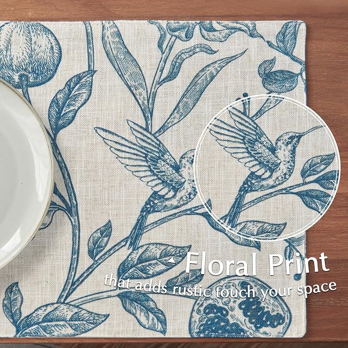 JINCHAN Linen Floral Placemats Set of Cloth Table Mats Rustic Cottagecore Botanical Outdoor Seasonal for Kitchen Dining Decor Heat Resistant Non-Slip Washable Tablemats 13x19 Inch Blue