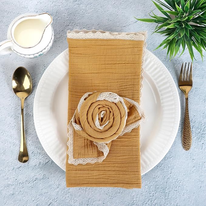 FINGERCRAFT Dinner Cloth Napkin Cotton Muslin Double Gauze 12 Pack with Classic Lace for Everyday Use, Wedding, Party, Christmas, Easter Napkins Cloth are Pre Shrunk and Good Absorbency Gold