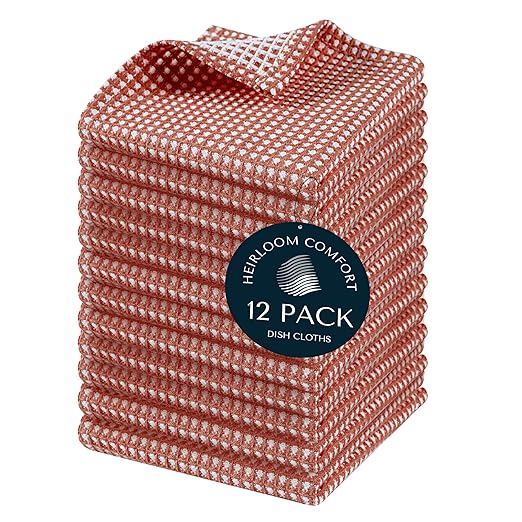 12 Pack Dual Tone Reversible Waffle Weave Dish Cloth, 12x12 Inch, 100% Cotton, Absorbent Dishcloth Set, Quick Drying, Durable for Cleaning, Wiping, Machine Washable, Rust