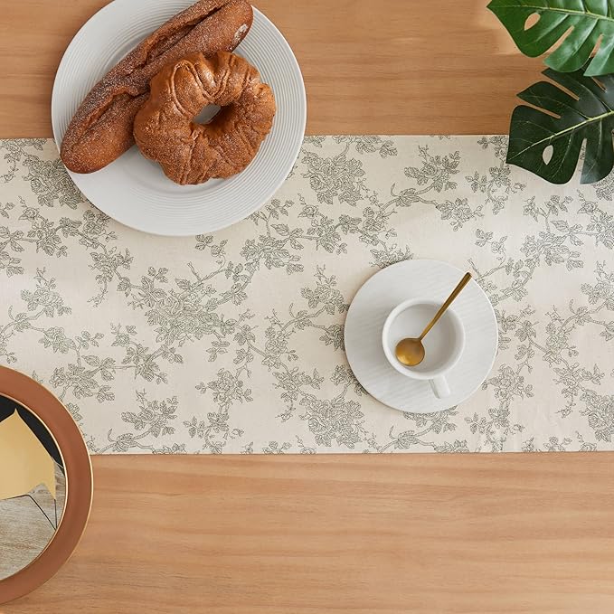 100% Cotton French Pastoral Table Runners, 13x108 Inch Green Farmhouse Table Runners 108 Inches Long, Vintage Flowers Print Home Decors