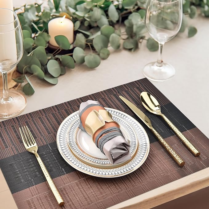 SLKQG Brown Placemats Set of 8 - Easy Clean Modern Durable Washable Vinyl Place Mats - Heat Resistant Placemats for Kitchen Table - PVC Table Mats for Dining Table (Brown Black, 8)