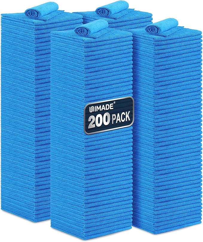 UNIMADE Shop Towel Rag, 200 Pack Reusable Rags Bulk Microfiber Cleaning Cloth Lint Free Towels for Car Kitchen Automotive Bar Mechanic Restaurant Garage, 11.5"x 11.5", Blue