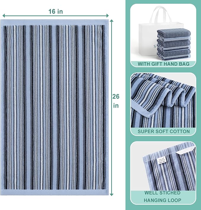 Kitchen Dish Towels for Drying Dishes, Large Cotton Kitchen Towels, Stripped Terry Dish Cloths, Thick Highly Absorbent Towel Sets with Hanging Loop, 16" X 26", 6 Packs, Blue and Solid Color