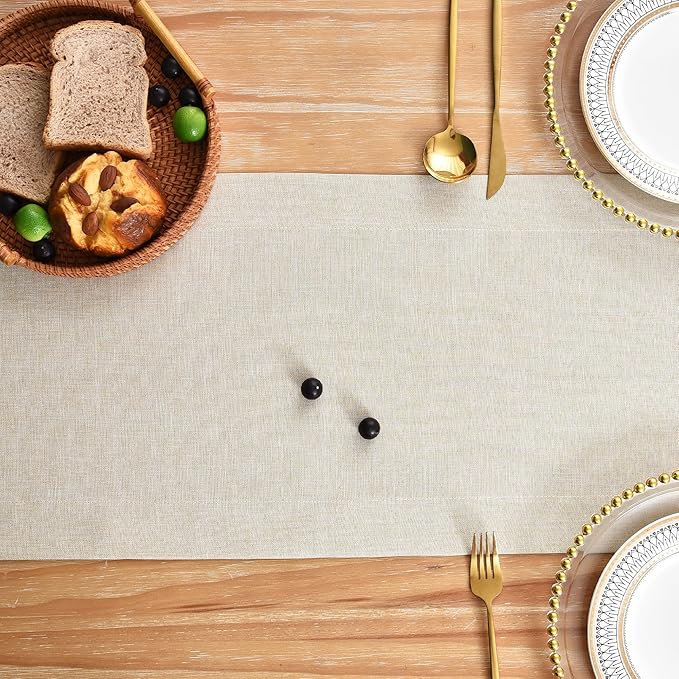 NEWISHER Farmhouse Rustic Table Runner Solid Beige Rectangular Table Runners Faux Linen Table Runner for Everyday Use Kitchen Dining Party Table 13x48 Inch