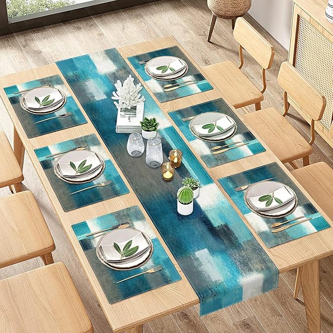 Emvency Farmhouse Table Runner and Placemats Set of 6, Cotton-Linen Abstract Teal and Grey Painting Art Dining Table Decor for Daily Use(1 Table Runner 72 inches Long and 6 Placemats)