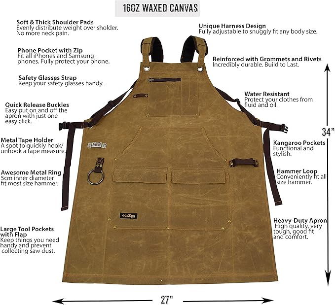 ecoZen Lifestyle Woodworking Apron for Men - Heavy Duty Waxed Canvas Carpenter Apron - For Workshop, Fully Adjustable S-XXXL