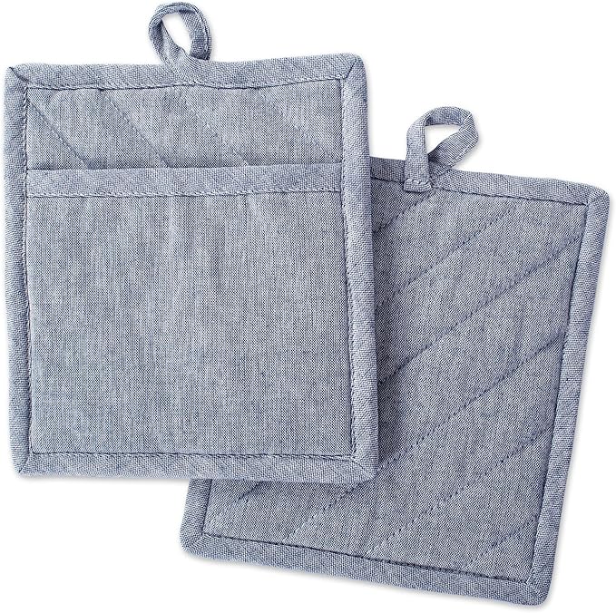 DII 100% Cotton Solid Chambray Kitchen Set, Potholders, Blue, 2 Piece