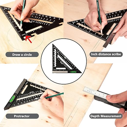 Beslands 7 inch Rafter Square with Level, Aluminum Metal Triangle Ruler Carpenter Square Woodworking Layout Tool Aluminum Triangle Tool Stainless Steel Ruler (Black)