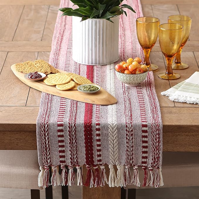 DII Farmhouse Braided Stripe Table Runner Collection, 15x72 (15x77, Fringe Included), Barn Red