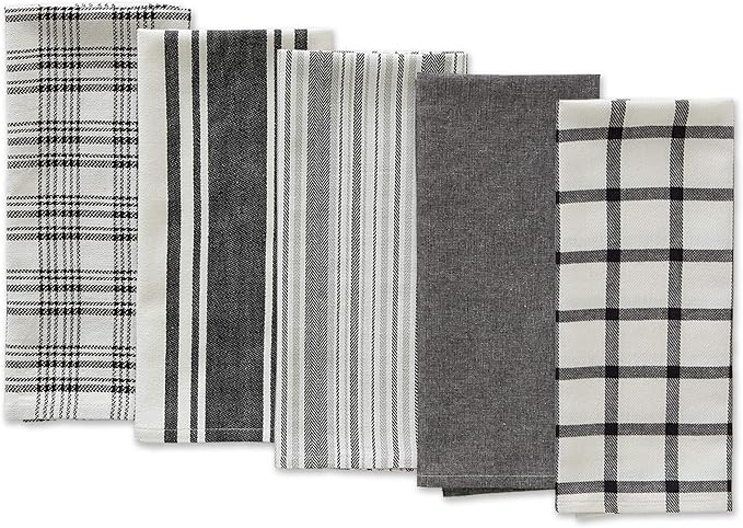 DII Assorted Woven, Kitchen Dishtowel Set, 18x28, Black, 5 Piece