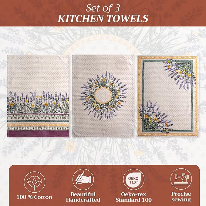 Maison d' Hermine Kitchen Towels Set of 3 100% Cotton 27.50" x 20" Reusable Cloth Tea Dish Towels Absorbent with Hanging Loop for Kitchen Gifts for Mothers Day Spring/Summer (Fanny Lavender)