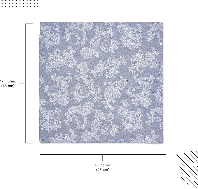 Encasa XO Blue Cloth Napkins Set of 12, 18x18 in | Floral Jacquard Homespun Cotton Dinner Napkins | Washable & Reusable Wedding Napkins for Holiday Dining, Parties, & Everyday Table Décor