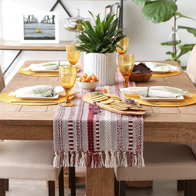 DII Farmhouse Braided Stripe Table Runner Collection, 15x72 (15x77, Fringe Included), Barn Red