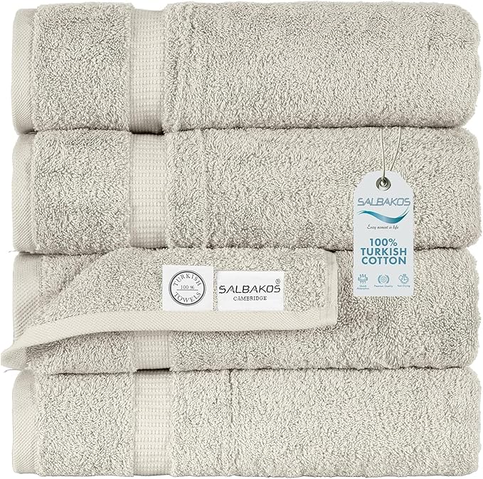 SALBAKOS 100% Turkish Cotton Bath Towels | 4 Piece Turkish Bath Towels Stone 27x54 in Standard Size | Premium Hotel Quality, Super Absorbent, Thick & Plush Turkish Bath Towel (Stone, 4 Bath Towels)
