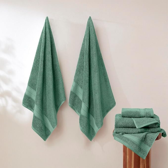 Modern Threads - Spun Loft 6-Piece 100% Combed Cotton Towel Set - Bath Towels, Hand Towels, & Washcloths - Super Absorbent & Quick Dry - 600 GSM - Soft & Plush, Eucalyptus