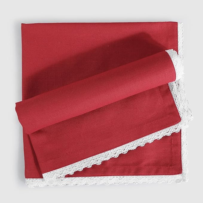 FINGERCRAFT Dinner Cloth Napkin Cotton Blend 12 Pack Vintage Rustic Premium Quality Mitered Corners Napkin Cloth with Elegant Lace for Everyday Use, Pre Shrunk and Good Absorbency 20x20 in Tango Red