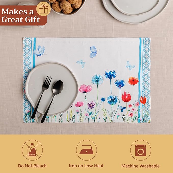 Maison d' Hermine Placemats Set of 4 100% Cotton Washable Cloth Place Mats Reusable Table Mats for Kitchen Dining Party Wedding Gifts for Mothers Day Spring/Summer(Flower in The Field, 13" x 19")