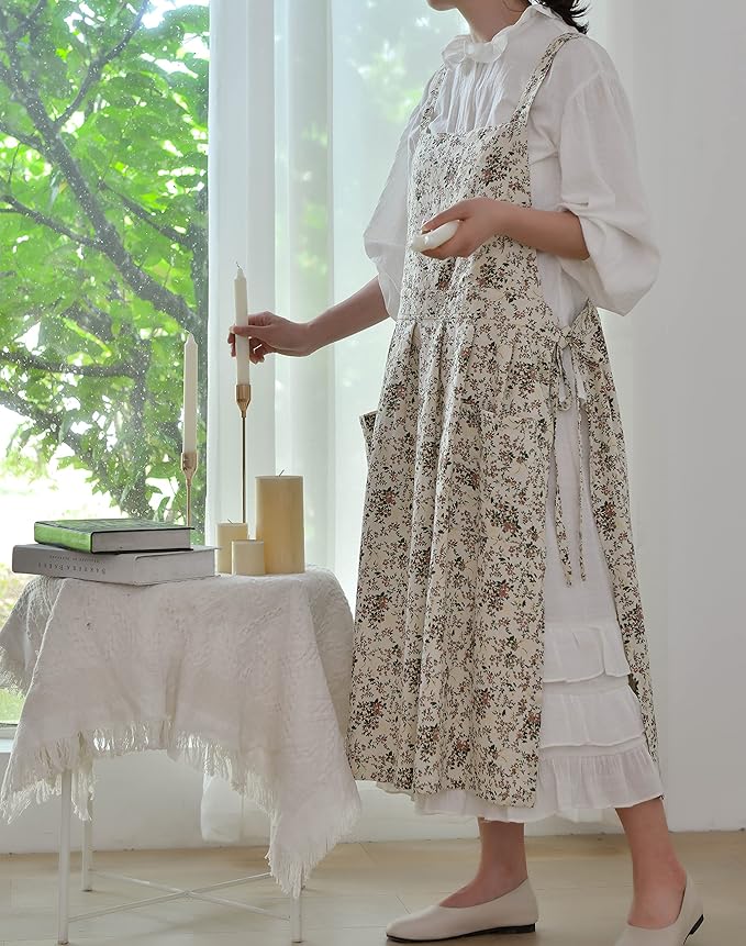 Floral Cotton Waterproof Adult Kitchen Apron Adjustable Cooking Baking Garden Chef Apron with Pocket