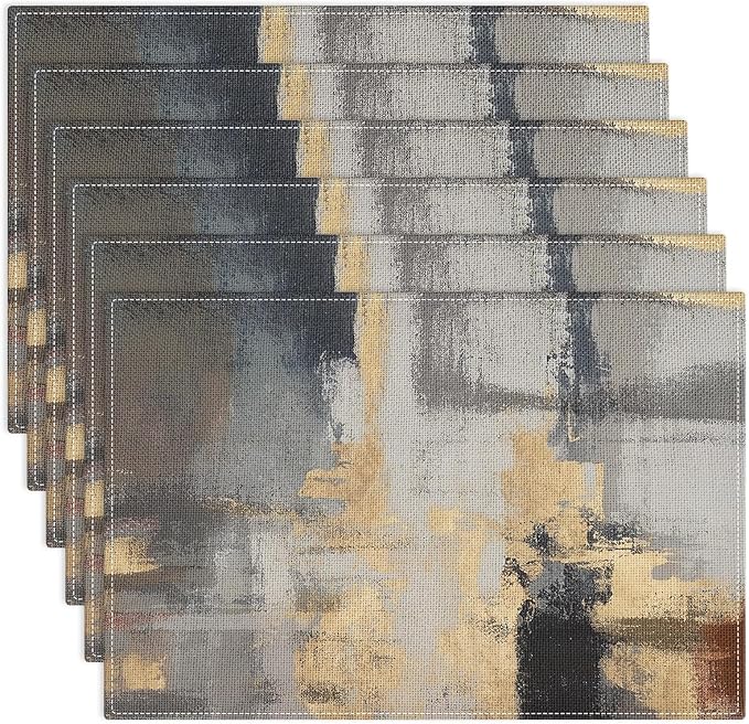 Emvency Farmhouse Placemats Set of 6, Gold Modern Grey Minimalist 12x18 Inch Linen Rectangular Place Abstract Grey Table Mats for Indoors & Outdoor Home Party Kitchen Dining Decoration