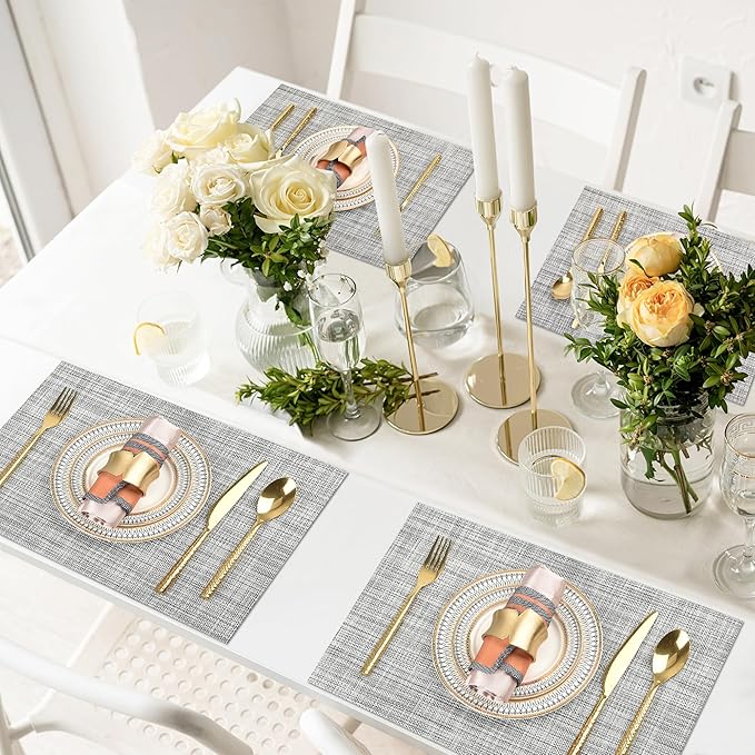 SLKQG Gray Placemats Set of 6 - Easy Clean Washable Vinyl Placemats - Wipeable Heat Resistant Table Mats for Dining Table - 17.7x11.8 Inch (6, Gray Black White)