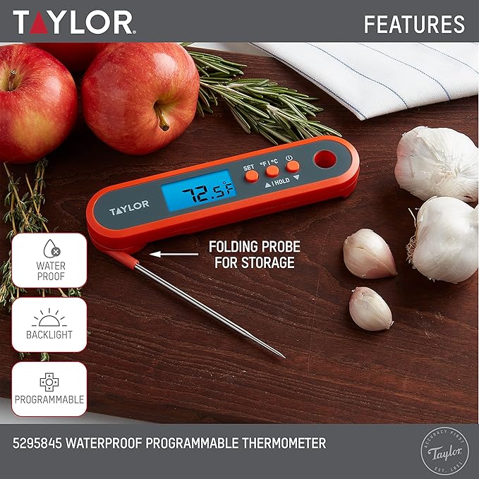 Taylor Digital Waterproof Meat Thermometer for GLP-1 High Protein Meal Prep – Folding Probe for Chicken, Salmon, Steak – Programmable Presets, Backlit Display for Oven, Grill, Orange