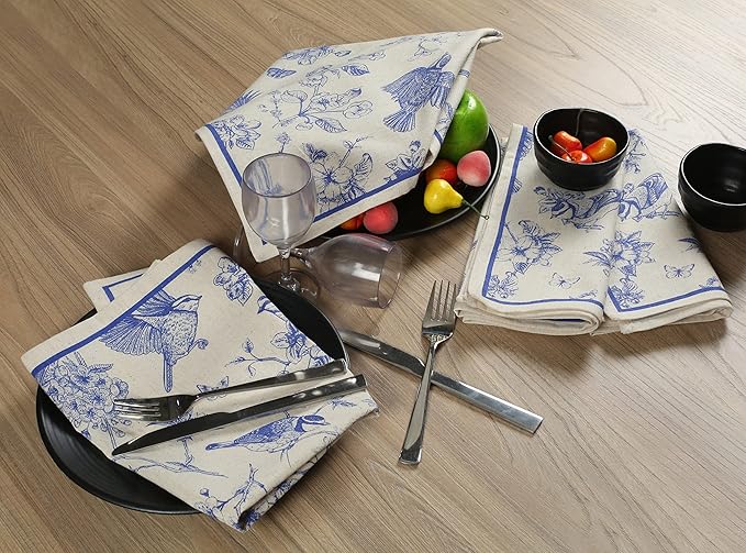 FINGERCRAFT Cloth Napkins, Set of 4 Cotton Linen Blend Printed Dinner Napkins Cloth Mitered Corner Perfect for Parties Dinners Weddings Cocktail Christmas Easter 20x20 Toile