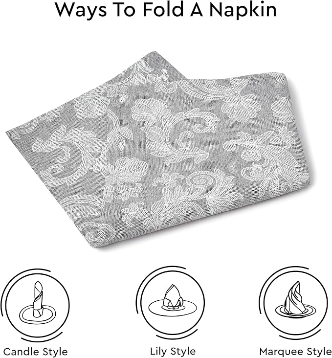 Encasa XO Grey Cloth Napkins Set of 6, 18x18 in | Floral Jacquard Homespun Cotton Dinner Napkins | Washable & Reusable Wedding Napkins for Holiday Dining, Parties, & Everyday Table Décor