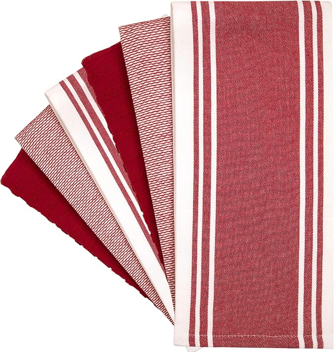 Premium Kitchen Towels (20”x 28”, 6 Pack) | Large Cotton Dish Towels | Flat & Terry Highly Absorbent Kitchen Linen Set with Hanging Loop | Wide Stripe Red
