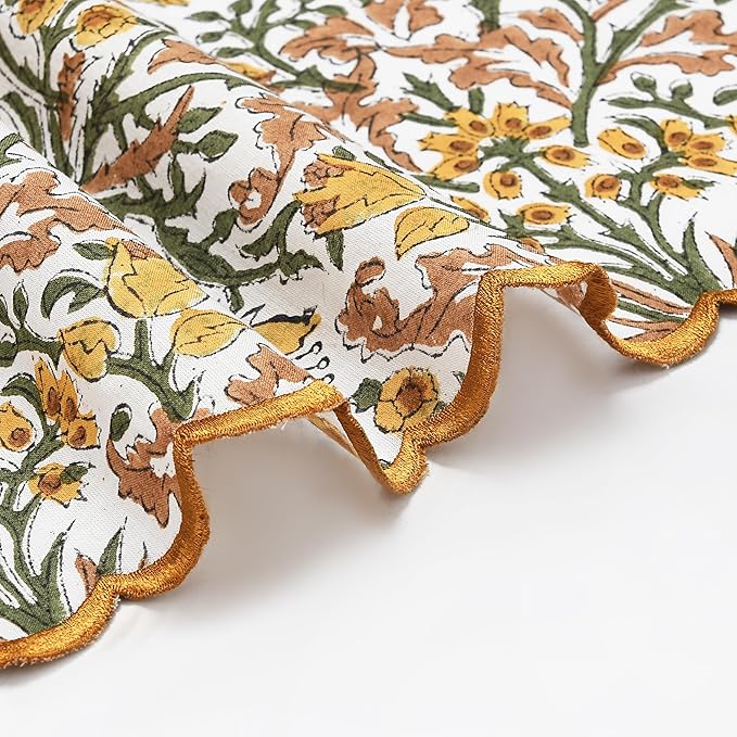 Ridhi Hand Block Print Goldenrod Yellow 18" x 18" (Set of 4) Embroidery Table Napkins Reusable Cotton Dinner Napkins for Weddings, Parties, Everyday Dining Gift for Spring, Easter, Valentine