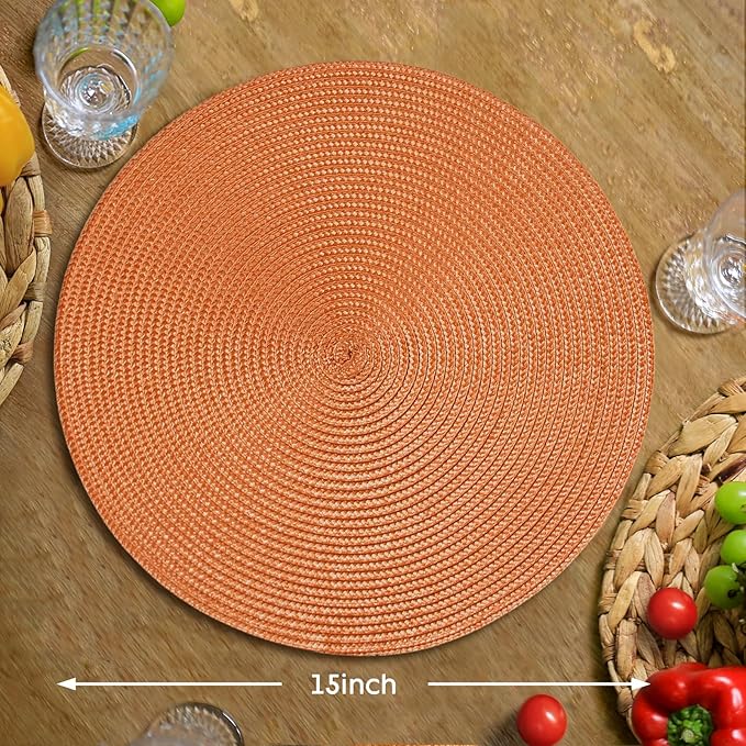 FunWheat Round Braided Placemats Set of 6 Table Mats for Dining Tables Woven Washable Non-Slip Place mats 15 Inch(Pumpkin Orange)