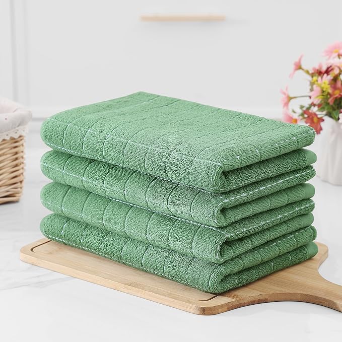 Homaxy 100% Cotton Terry Kitchen Towels(Grass Green, 20 x 28 inches), Checkered Designed, Soft and Super Absorbent Dish Towels, Large 8 Pack
