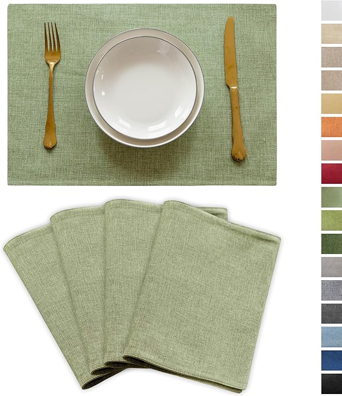 Demetex Green Placemat Set of 4 Washable Linen Textured Place Mats for Dinner Heat Resistant Sage Cloth Placemats Scratch Resistant Plate Mats for Dining Table Kitchen Spring, Green