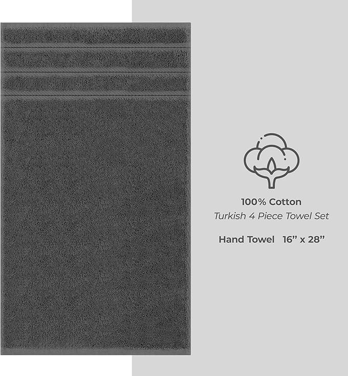 American Soft Linen Luxury Hand Towels for Bathroom, 600 GSM Heawy Weight 16x28 Size 100% Cotton Turkish 4 Piece Hand Face Towel Set, Dark Gray Hand Towels