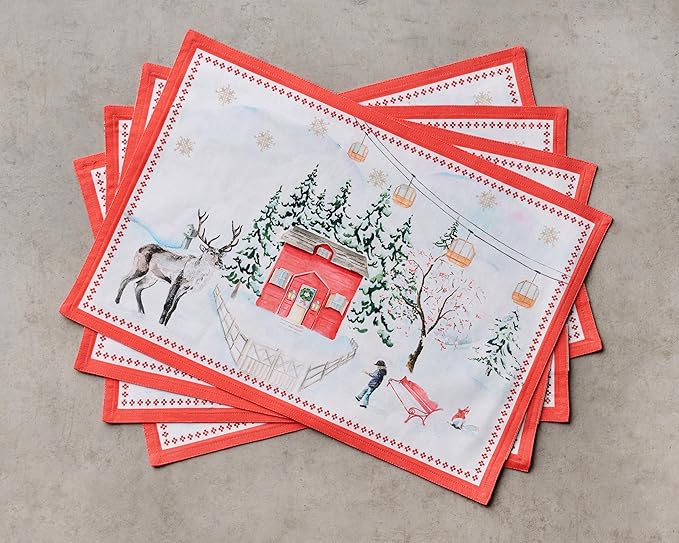 Maison d' Hermine Placemats Set of 4 100% Cotton Washable Cloth Place Mats, Reusable Table Mats for Thanksgiving Christmas Decorations Kitchen Dining Party Wedding (Rural Christmas, 13" x 19")