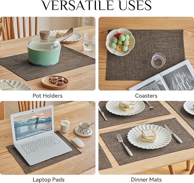 Softalker Faux Linen Placemats Set of 8-12 x 18 Inch, Heat Resistant Double Layered Durable Burlap Farmhouse Place Mats, Non-Slip Washable Rustic Table Mats for Dining, Kitchen, Party（Brown