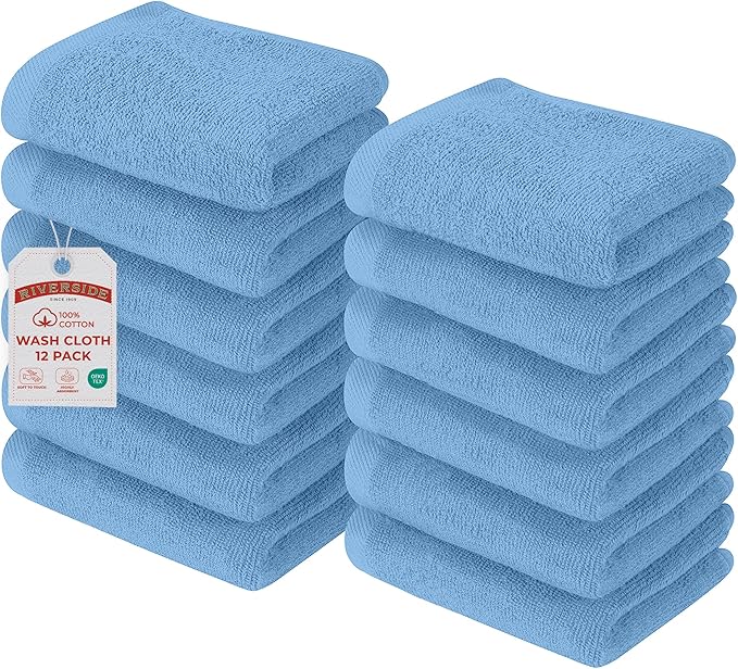 RIVERSIDE Pack of 12 Washcloths, 12 x 12 Inches, 100% Cotton, Premium Flannel Face Cloths, Highly Absorbent & Soft Feel Fingertip Towels (Electric Blue, 12 Pack)