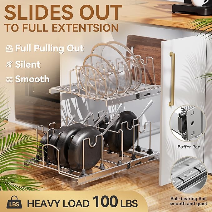 2-Tier Kitchen Pull out Cabinet Organizer for Pots, Pans, and Lid Cookware, Adjustable Heavy Duty Wire Pan and Pot Rack, Full-Extension Rail 12" W *22" D