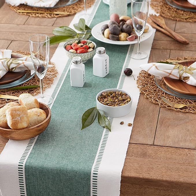 DII Dobby Stripe Woven Table Runner, 13x72 (13x77.5, Fringe Included), Dark Green