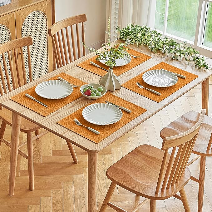 Softalker Faux Linen Placemats Set of 8-12 x 18 Inch, Heat Resistant Double Layered Durable Burlap Farmhouse Place Mats, Non-Slip Washable Rustic Table Mats for Dining, Kitchen, Party（Orange