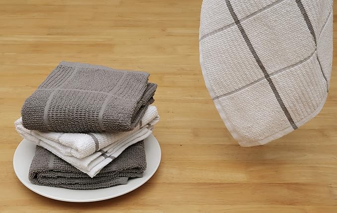 AMOUR INFINI Kitchen Towels Pack of 4, Terry Cotton Dish Towels, Ultra Absorbent, Quick Drying Hand & Tea Towels, Soft Durable Cleaning Cloths with Hanging Loop, 16 x 26 Inch (L.Grey)