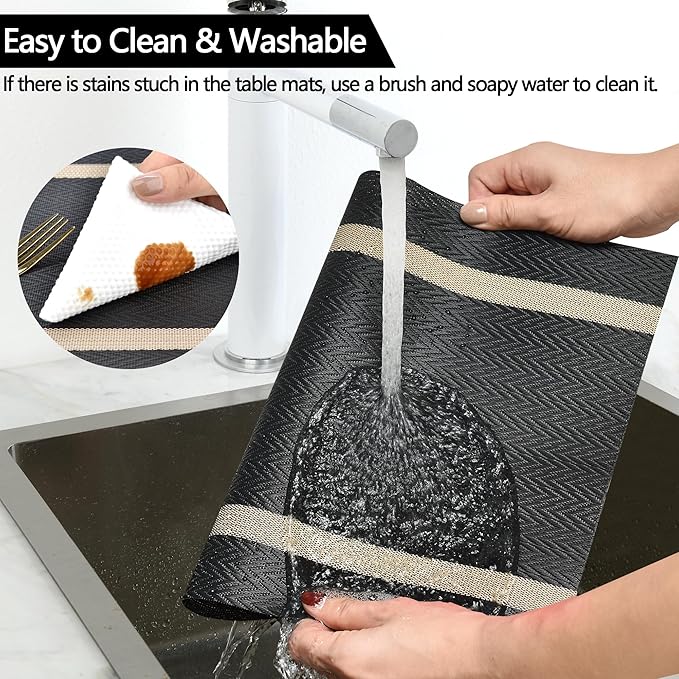 SLKQG Black Placemats Set of 4 - Easy Clean Modern Durable Washable Vinyl Place Mats - Heat Resistant Placemats for Kitchen Table - PVC Table Mats for Dining Table (Black with Stripes, 4)