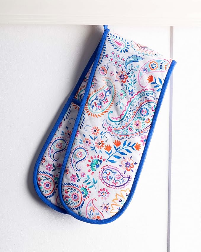 Maison d' Hermine Double Oven Mitts 100% Cotton 7"x35" Double Oven Mitt Heat Resistant BBQ Cooking Gloves with Loop Baking Grilling Gifts for Mothers Day Spring Summer (Indian Floral)