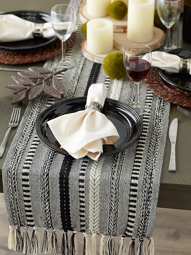 DII Farmhouse Braided Stripe Table Runner Collection, 15x72 (15x77, Fringe Included), Black