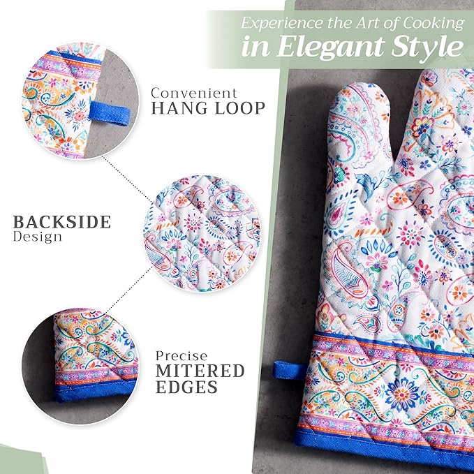 Maison d' Hermine 100% Cotton Oven Mitt & Pot Holder Set (7.5"x13" & 8"x8") Heat Resistant BBQ Cooking Gloves with Loop Baking Grilling Kitchen Gifts for Mothers Day Spring/Summer (Indian Floral)