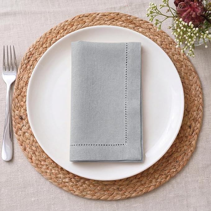 Palisa Grey Cotton Napkins Set of 12 | Premium Hemstitch Detailing Cloth Dinner Napkins 18x18 Inch | Soft Washable & Reusable Table Napkins for Everyday Use Weddings Parties Restaurants & Hotels