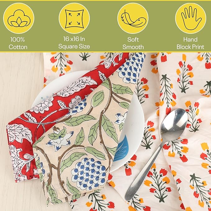 Marubhumi 10 Pc Cotton Cloth Napkins- Hand Block Print, Eco-Friendly, Dinner Napkins, Floral,Hand Made Size 16x16 Inch Printed Home Decor Multicolored
