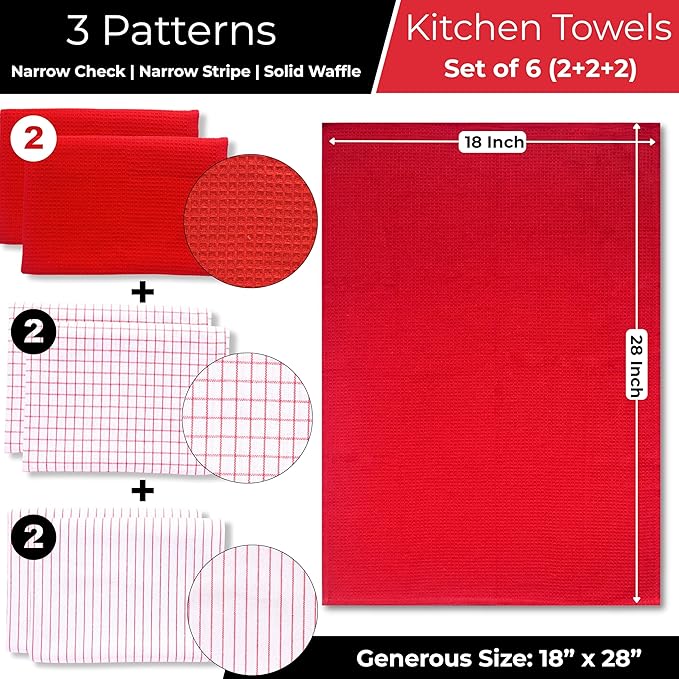 Highly Absorbent Cotton Kitchen Towels for Drying Dishes - Set of 6 Dish Towels - Narrow Red Stripes Plaid Waffle Dishtowels - 18"X28" Large Lint Free Linen Tea Hand Bulk T Towls