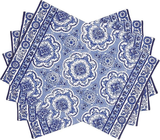 Maison d' Hermine Placemats Set of 4 100% Cotton Washable Cloth Place Mats Reusable Table Mats for Kitchen Dining Party Wedding Gifts for Mothers Day Spring/Summer (Melodie Bleue, 13" x 19")