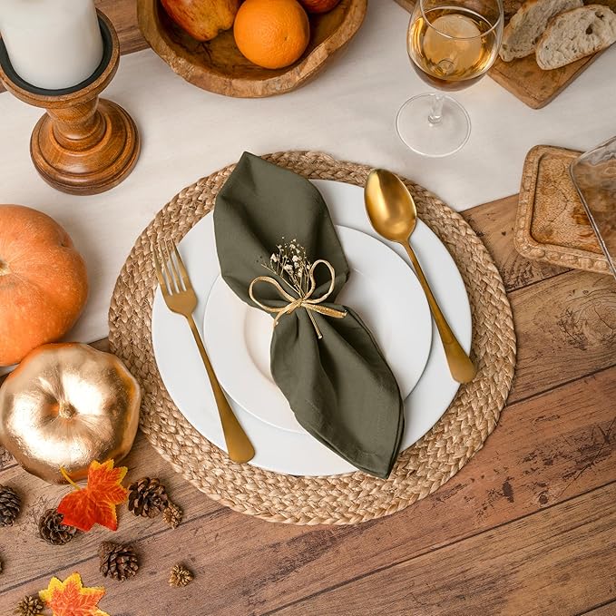 Blue Needles Solid Cloth Napkins Set of 12 Olive Green 100% Cotton Dinner Napkins 18x18 inches, Soft, Reusable, Absorbent & Washable Linen, Ideal for Spring Summer Easter Events Parties & Everyday Use