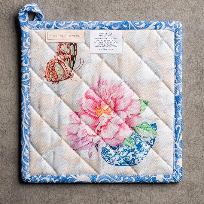 Maison d' Hermine Pot Holders 100% Cotton Heat Resistant Potholders 8" x 8" Hot Pads with Loop BBQ Cooking Baking Gifts for Mothers Day Handling Hot Pans Spring/Summer (Pack of 1, Canton)